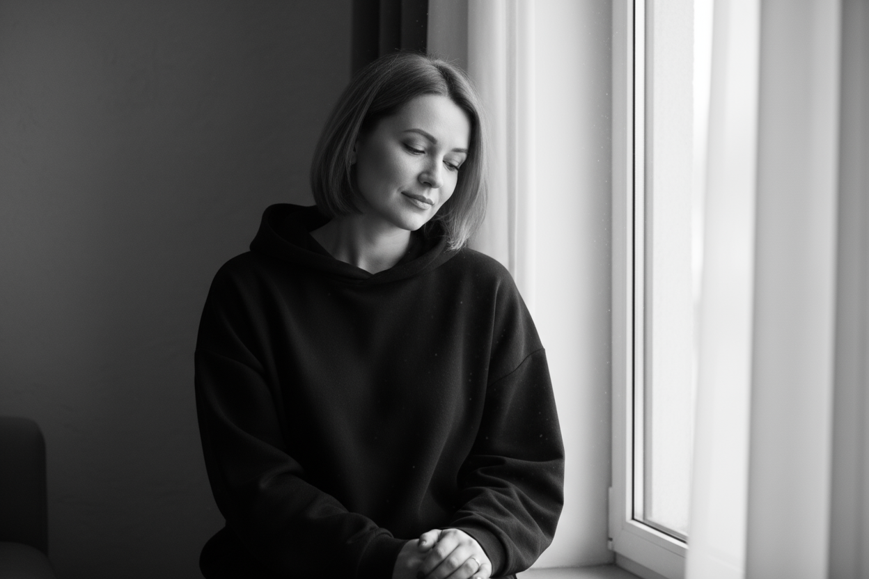 A soft monochrome photo of a woman sitting by a window in natural light, wearing a simple oversized black hoodie, peaceful and thoughtful expression, minimal background, clean premium aesthetic, grayscale tones, emotional and calm atmosphere.