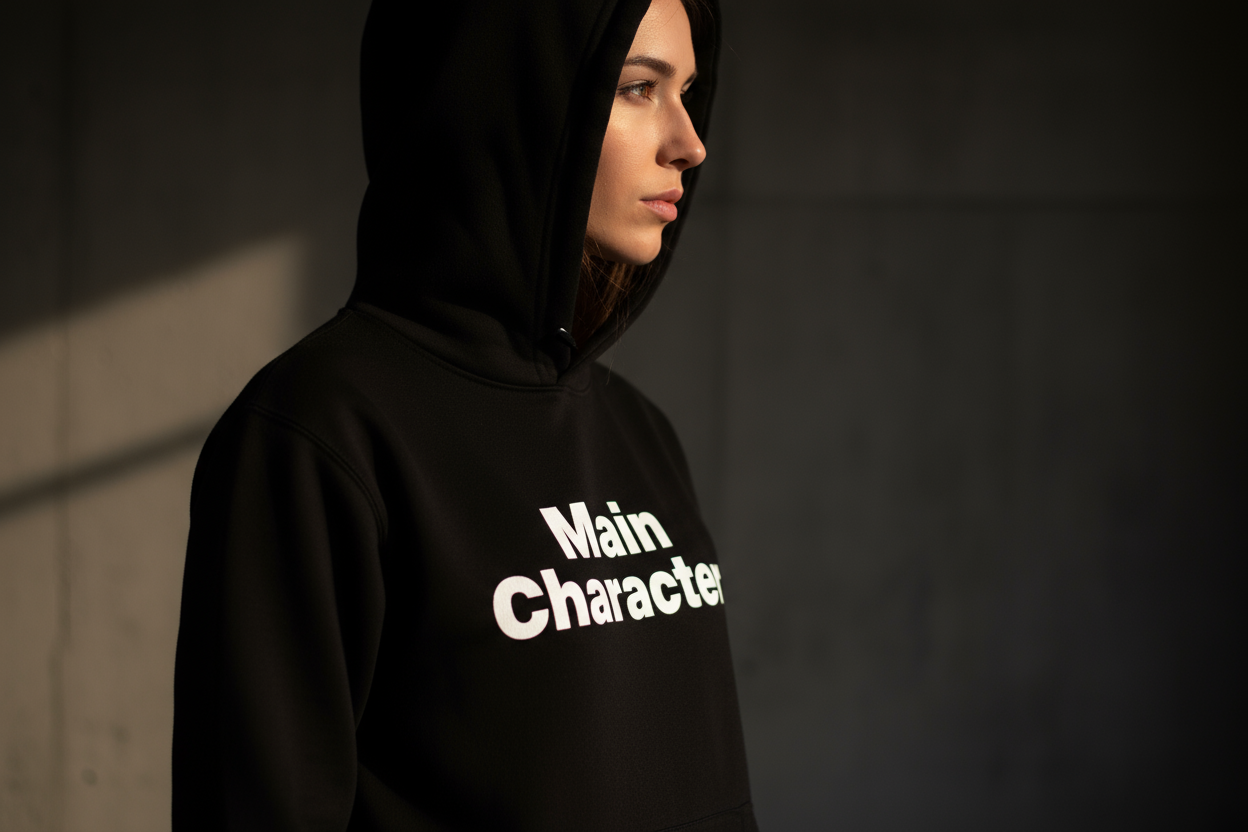 жінка в чорному худі “Main Character”, світло падає м’яко збоку, обличчя частково видно, фокус на написі.